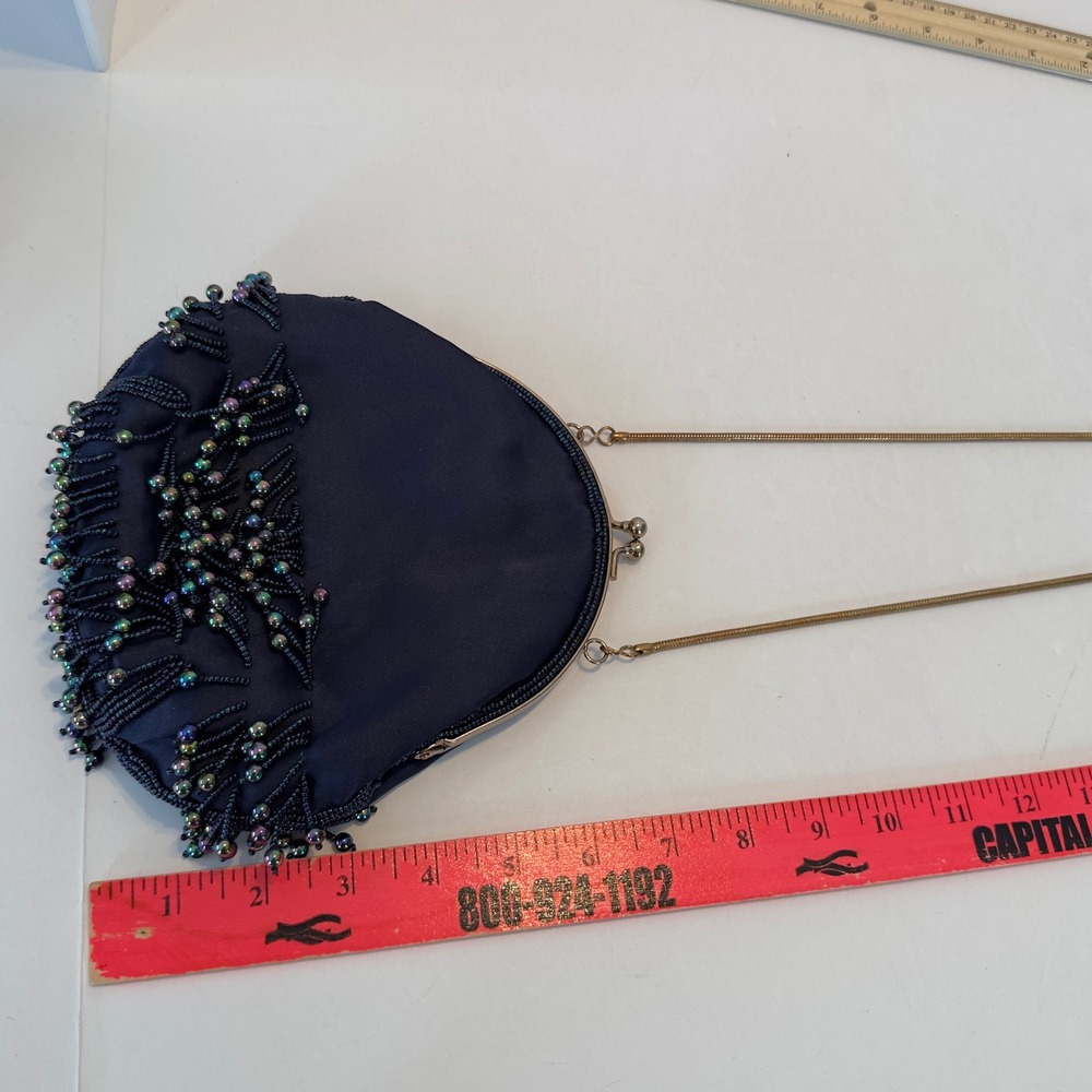 Vintage Navy Blue Satin Beaded Fringe Evening Bag Iridescent Oil Slick Kiss Lock - Picture 5 of 11